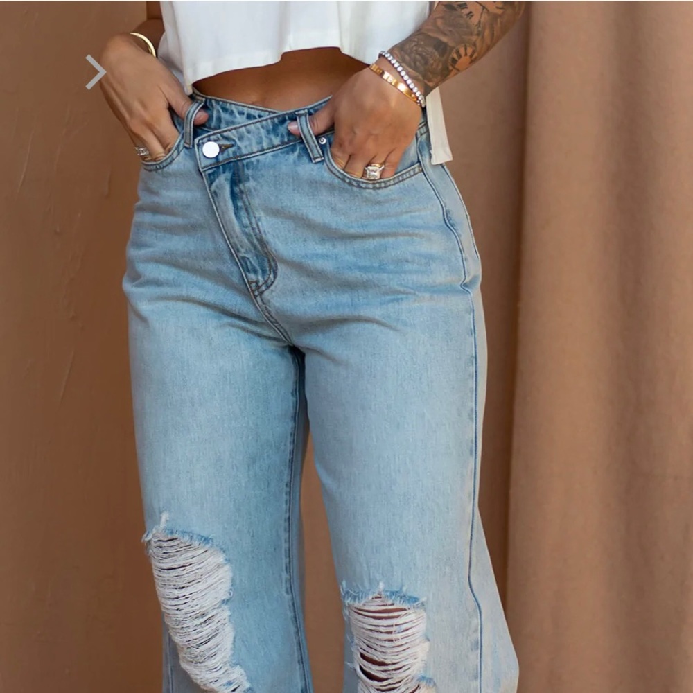 By Egreis Archie Jean Women Large Blue Denim Wide Leg High Waist Crisscross NEW - Picture 14 of 15